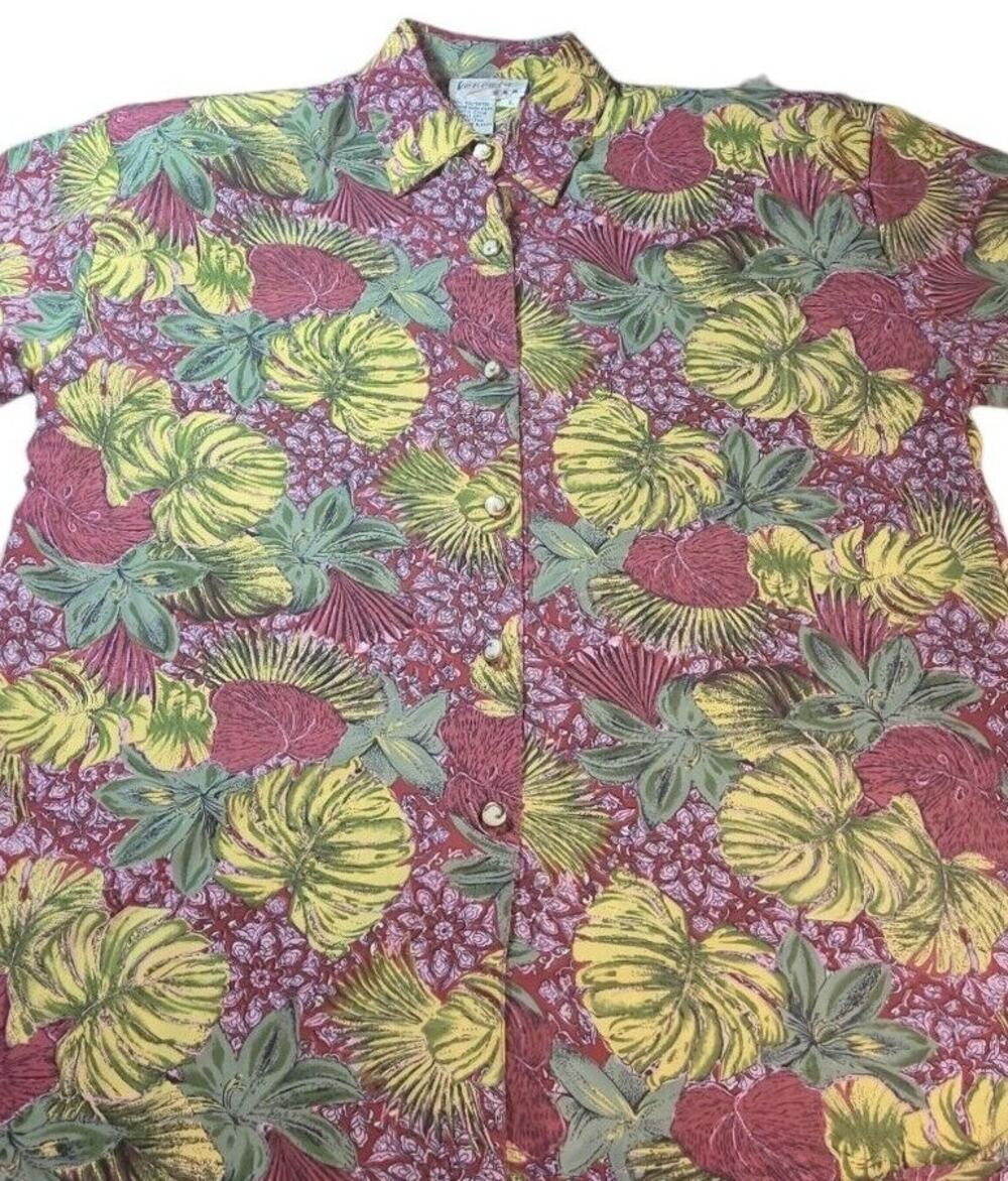 VTG 80s Women'sTropical Print Blouse L Retro Cottagecore Coastal Grandma Resort
